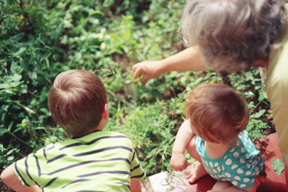 Grandmother gardening with her children