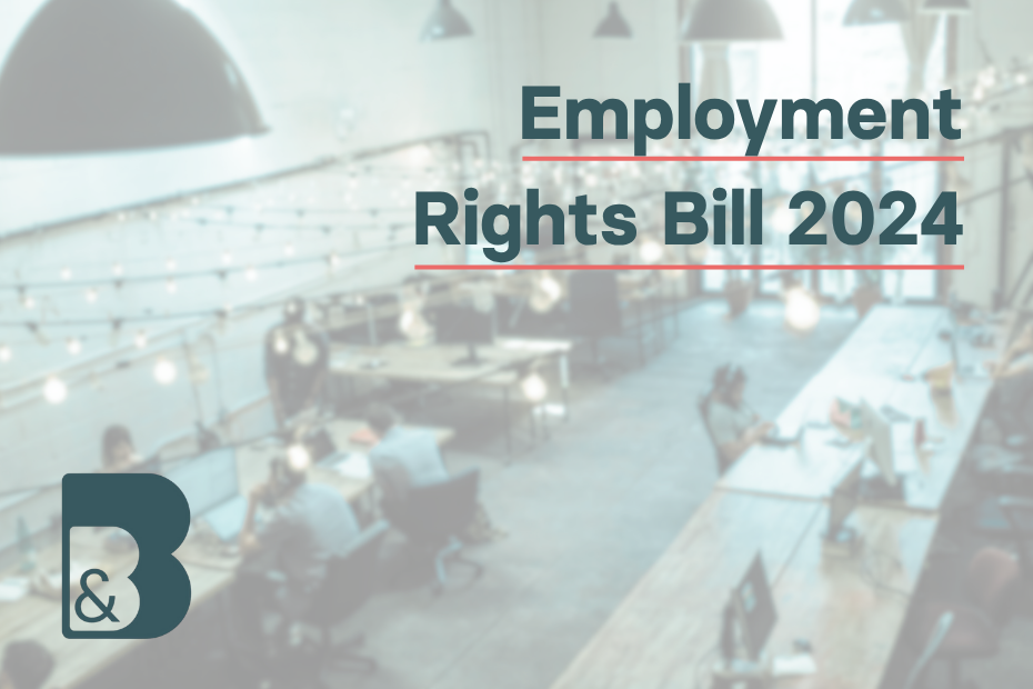 Workers in a modern office enviroment overlayed with text 'Employment Righhts Bill 2024' and the Butcher & Barlow Green B.